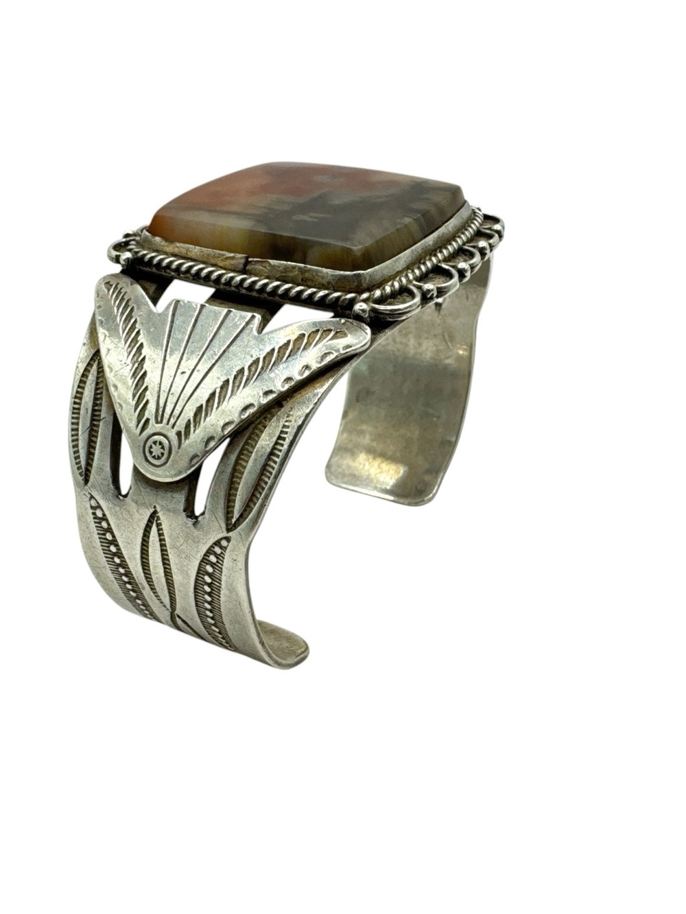 Vintage 1940s Navajo Fred Harvey Era Heavy Sterling Silver Petrified Wood Cuff - Picture 5 of 10